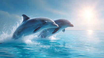 Dolphins Jumping Out of Water in Sunny Ocean Marine Scene