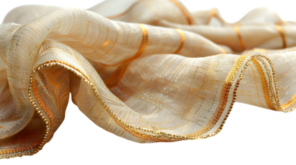 Ethiopian netela shawl in off-white with gold border, draped naturally, isolated object  
