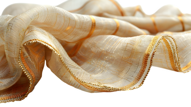 Ethiopian netela shawl in off-white with gold border, draped naturally, isolated object  