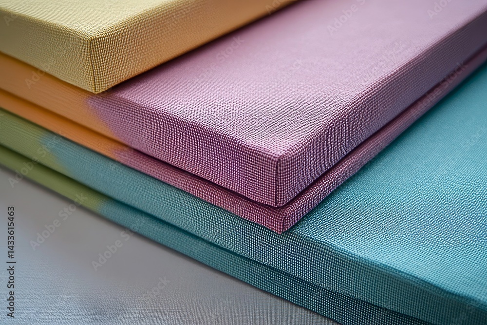 Poster close-up view of four colorful canvas panels stacked.