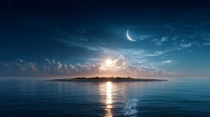 Island at Night with Moon and Sun Glowing Reflecting on Water