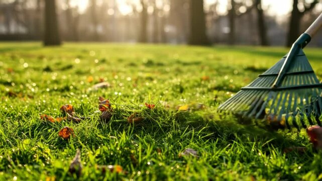 Close up shot of a rake on grass with fallen leaves in slow motion. Raking leaves in a garden on a sunny day. Lawn maintenance and seasonal chores video background footage.