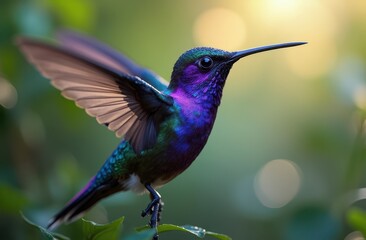 Fototapeta premium a hummingbird in mid-flight, suspended delicately in the air with its wings beating rapidly.