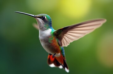 Naklejka premium a hummingbird in mid-flight, suspended delicately in the air with its wings beating rapidly.