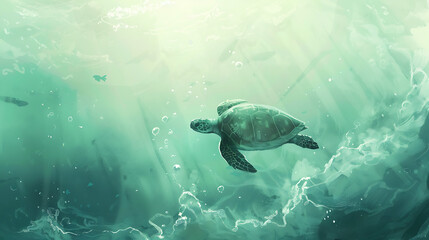 Obraz premium A serene sea turtle glides through a sunlit underwater world, surrounded by soft rays and gentle bubbles in a tranquil, teal-toned ocean scene.