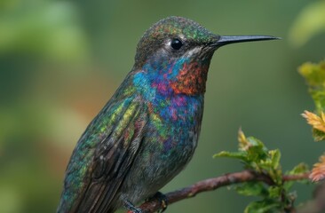 Fototapeta premium a hummingbird in mid-flight, suspended delicately in the air with its wings beating rapidly.