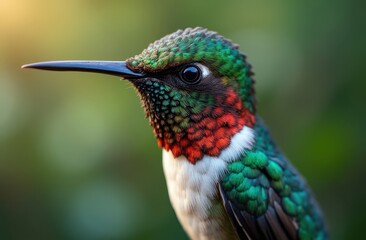 Obraz premium a hummingbird in mid-flight, suspended delicately in the air with its wings beating rapidly.
