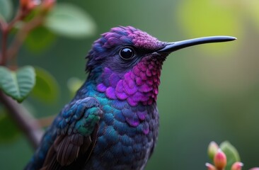 Fototapeta premium a hummingbird in mid-flight, suspended delicately in the air with its wings beating rapidly.
