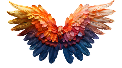 Feathery carnival costume wings with gradient glitter, spread out flat, no background 