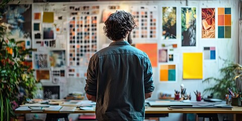 Creative Designer Reviewing Color Palettes and Graphic Design Mood Board in Studio