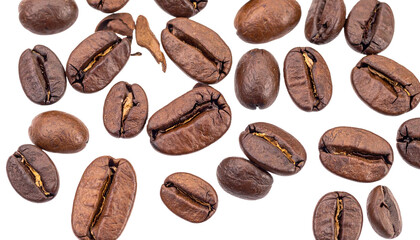 Obraz premium Roasted brown coffee beans, rich in caffeine and aroma, are isolated on a clean white background, perfect for showcasing their texture in a macro close-up