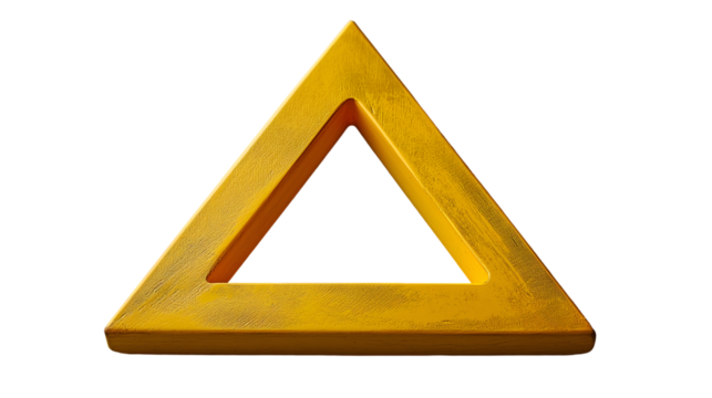 Abstract yellow triangle frame, minimalist geometric design, wooden texture on blue background clean lines