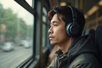 Urban Travel Routine: Pensive Asian Man with Headphones Gazing Out Window During Public Transit Commute
