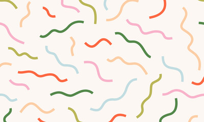 Abstract doodle design with hand drawn colorful lines, confetti. Simple childish scribble background with bright cute elements. Fun minimal pattern. Contemporary trendy vector backdrop
