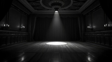 Stage Spotlight Illuminating Empty Theater Floor in Black and White