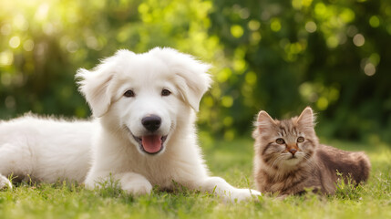 A happy dog and cat playing together in the grass, enjoying the outdoors with a sense of harmony and joy.
