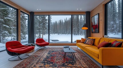 Modern Cabin Living Room with Snowy Views