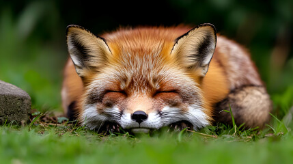 Fototapeta premium Sleeping Red Fox Resting on Green Grass with Closed Eyes in Natural Outdoor Setting