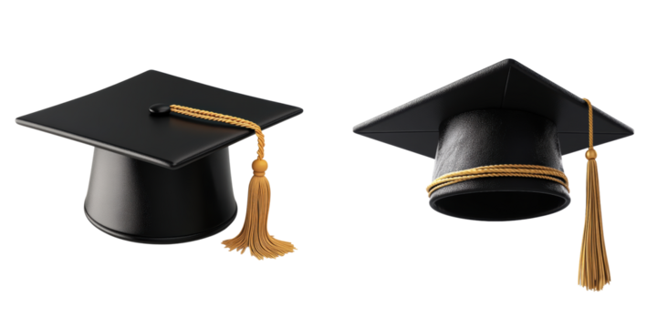 Elegant Black Graduation Caps with Golden Tassels Isolated on Transparent Background