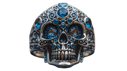 Gothic skull ring with gemstone eyes, close-up angled view, fashion detail  