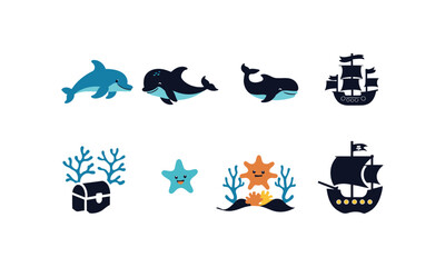 Fototapeta premium Cute Sea Animals and Pirate Ship Vector Set
