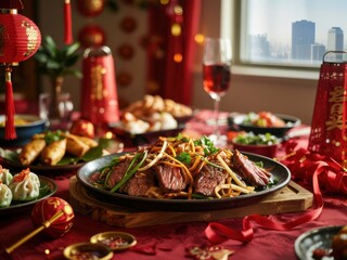 Fototapeta premium Festive dining table adorned with delicious Chinese dishes and lantern decor overlooking a city skyline at sunset
