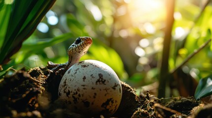 A tiny snake emerging from its egg in a jungle setting