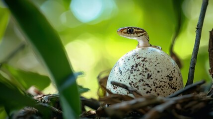 A tiny snake emerging from its egg in a jungle setting