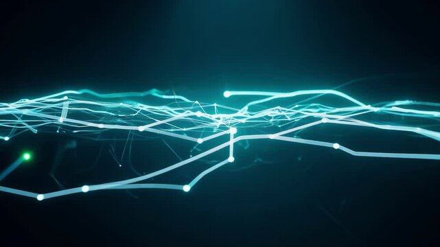 Abstract blue digital network visualization with illuminated flowing lines and connection nodes. Energy patterns transform and pulse across dark background creating technological data concept.