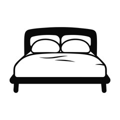 Bed vector icon. two pillows and blanket. Black silhouette isolated on white background