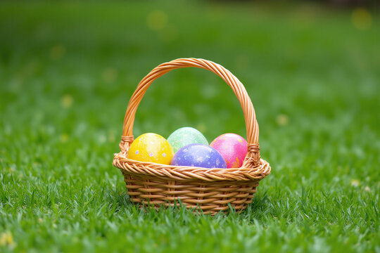 basket full of colorful easter eggs sitting in the grass