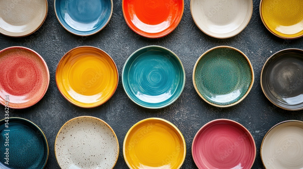 Poster a top-down view of different plates arranged in a circular pattern.