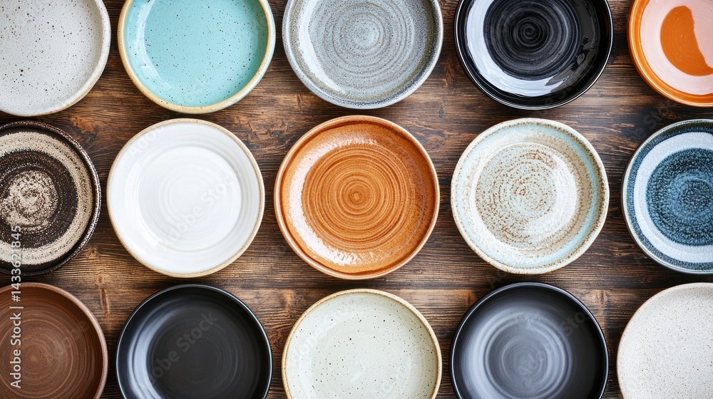 Poster a top-down view of different plates arranged in a circular pattern.