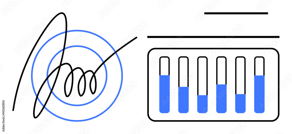 Poster digital signature beside bar chart with blue fill levels and circular target pattern. ideal for secu