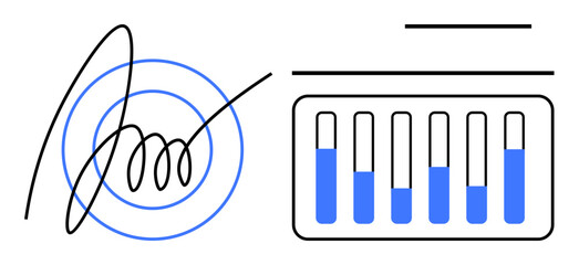 Digital signature beside bar chart with blue fill levels and circular target pattern. Ideal for security, technology, analytics, data validation, certification, research, authentication, simple