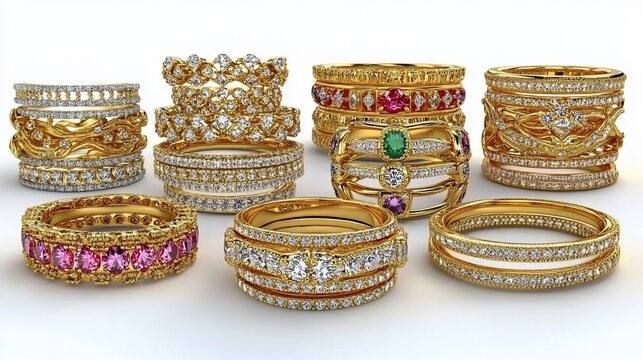 Collection of intricate gold rings with diamonds and gemstones