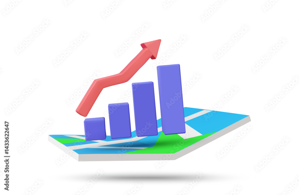 Aufkleber 3d illustration vector render of map icon, bar graph and up arrow isolated on white. concept of busi