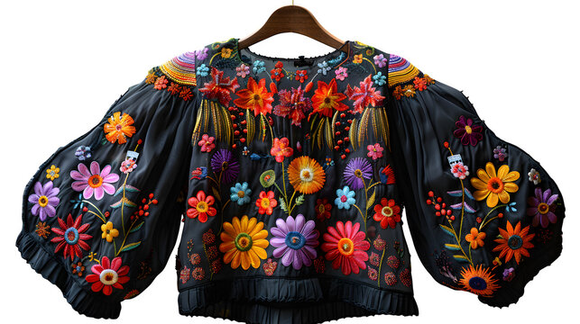 Hungarian Matyo embroidered blouse, studio-lit on hanger, vibrant patterns, isolated  
