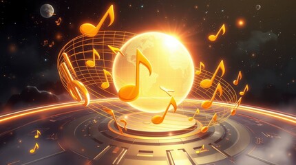 Floating Music Notes with Glowing World Globe and Starry Sky Background