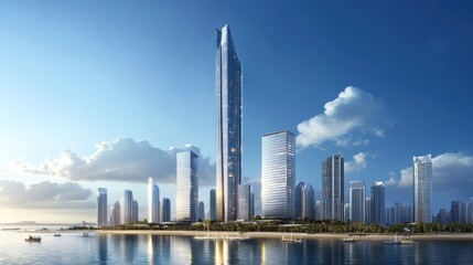 Naklejka premium Coastal City Skyscraper Sunrise, Architectural Render