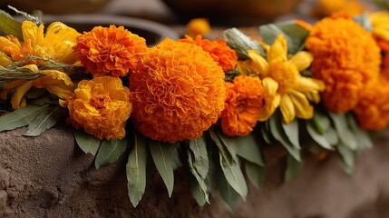 colorful festival decorations with marigold flowers tulsi garland for vishnu puja traditional design detail shot