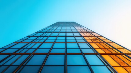 Fototapeta premium Modern Glass Skyscraper with Clean Vertical Lines and Reflective Facade Under Clear Blue Sky