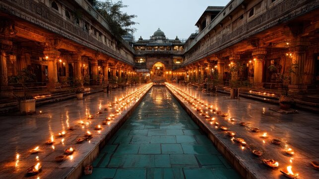 serene temple courtyard during twilight lit diyas silence of devotion cultural serenity