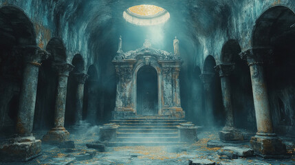 Ancient temple vault guarded by gold-finance clerics performing magical audits