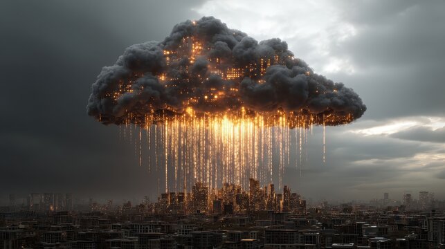 digital cloud with binary code raining down on abstract city concept of urban cloud integration futuristic tech
