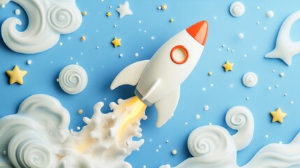 Rocket launching, stars, clouds, blue background; business concept