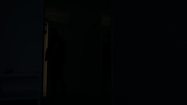 A man comes home, opens the door, turns on the light, takes off his jacket