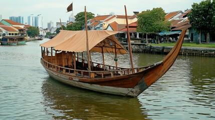 A traditional wooden boat sailing through Malacca&acirc;&euro;&trade;s river