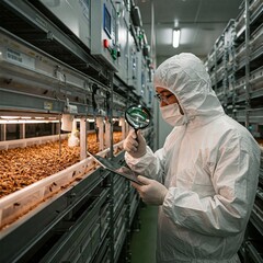 Food Safety Worker in Protective Suit Inspecting Cricket Farm Hygiene
