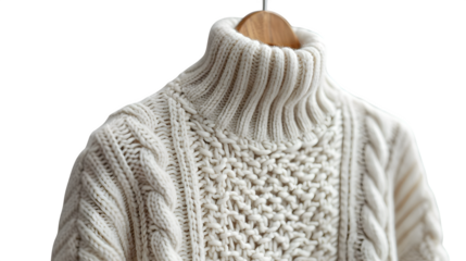 Irish Aran knit sweater with cable pattern, hanging from antique wooden hanger, isolated 